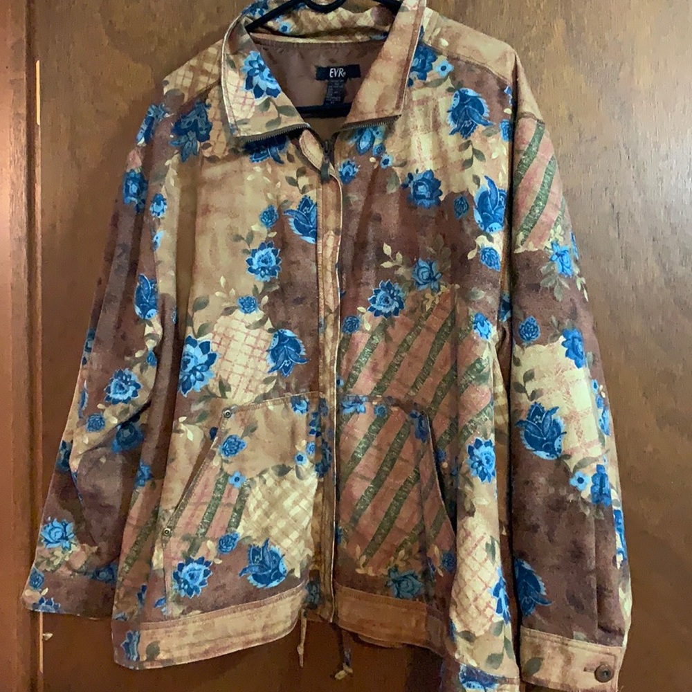 EVR 1X Vintage Silk Floral Jacket, browns with Blue Flowers, 2 Pockets